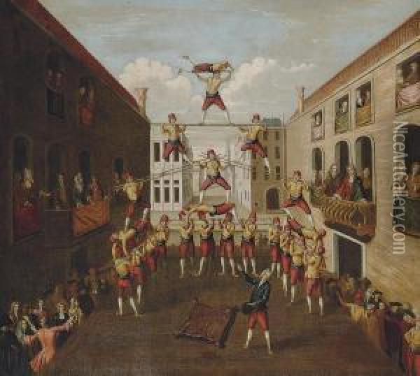 The Forze D'ercole; The Castellani Acrobats In A Venetianpiazza Oil Painting - Balthasar Nebot