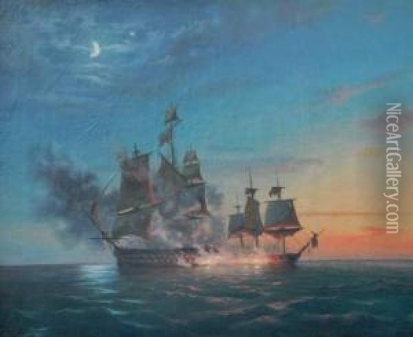 Combat Naval Le Soir Oil Painting - Antoine Leon Morel-Fatio
