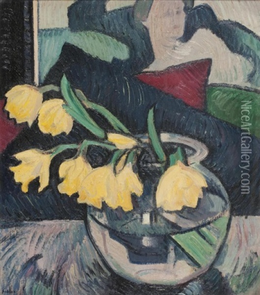 Daffodils In A Glass Bowl Oil Painting - Samuel John Peploe