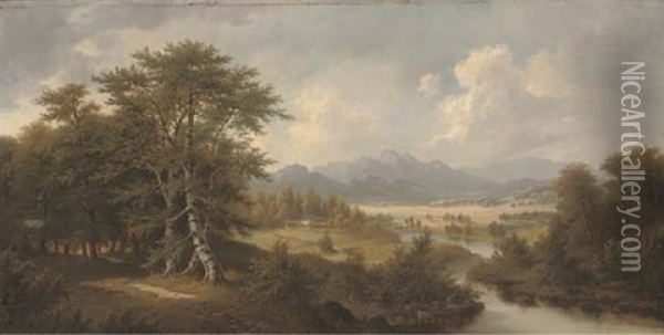 A Tranquil River With Mountains Beyond Oil Painting - Jakob Burgaritzky