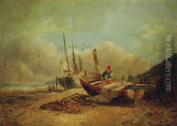 Strand Mit Fischerboot Oil Painting - George Willem Opdenhoff
