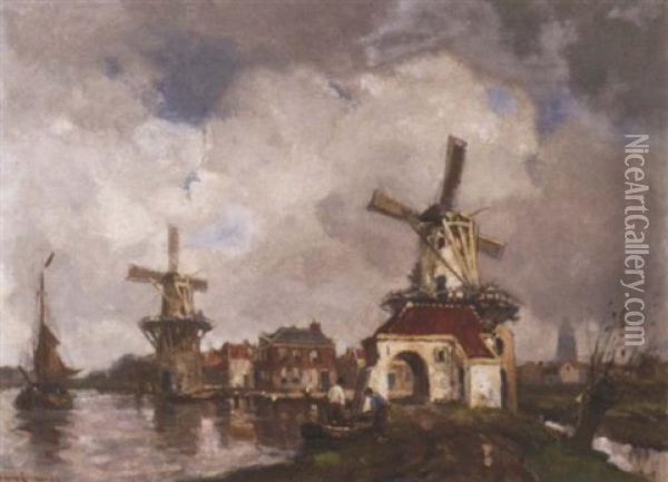 Windmills Along The River Near Dordrecht Oil Painting - Frans Langeveld