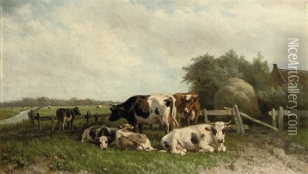 Cows In A Polder Landscape Oil Painting - Henri (Hendrik Martinus) Savry