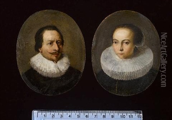 Portraits Of A Lady And Gentleman, Both Wearing Black Doublets And White Ruffs (pair) Oil Painting - Christoph Paudiss