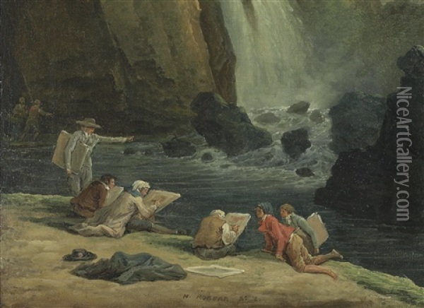 Artists Sketching At Tivoli; And The Fountain Of Liberty (pair) Oil Painting - Hubert Robert