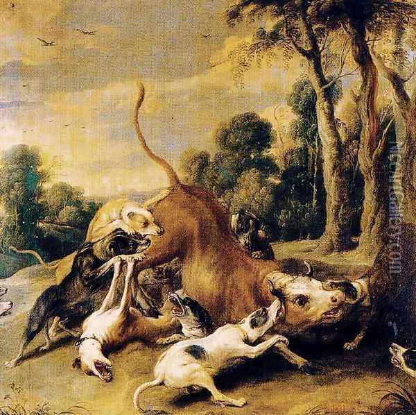 Bull surrendered by dogs Oil Painting - Frans Snyders