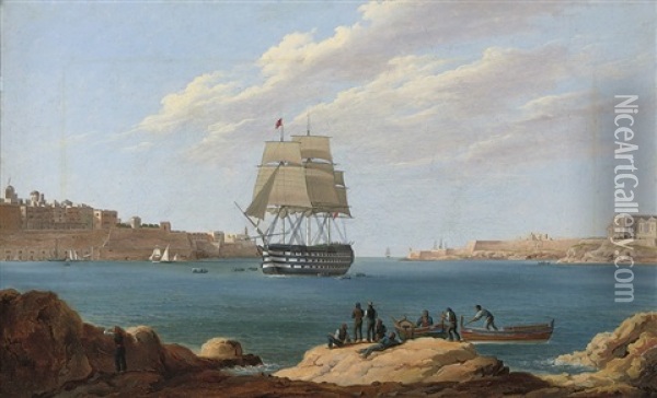 H.m.s. Britannia Coming Into Valetta, Malta Oil Painting - Anton Schranz