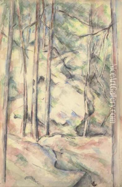 Sous-bois (recto) Chapeau Et Fleurs Dans Une Bouteille (verso) Oil Painting - Paul Cezanne