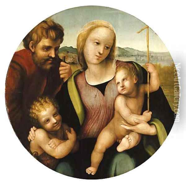 The Holy Family with the Infant Saint John the Baptist, the city of Pistoia beyond Oil Painting - Leonardo Da Pistoia