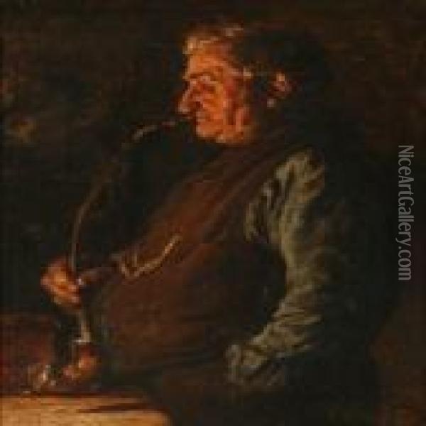 An Older Gentleman Smoking A Pibe Oil Painting - Cilius Andersen