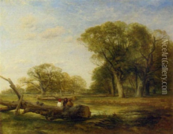 Men Resting By A Felled Trunk In A Park Landscape Oil Painting - Thomas Creswick