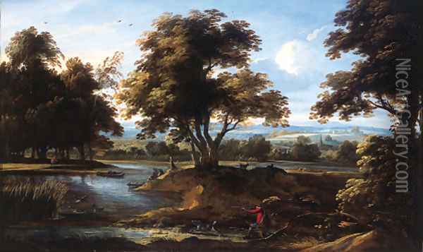 A sportsman shooting duck by a river, in summer Oil Painting - Jan Baptist Wans