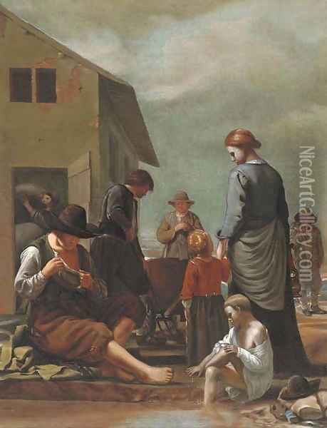 A peasant family with a man defleaing himself Oil Painting - Michiel Sweerts