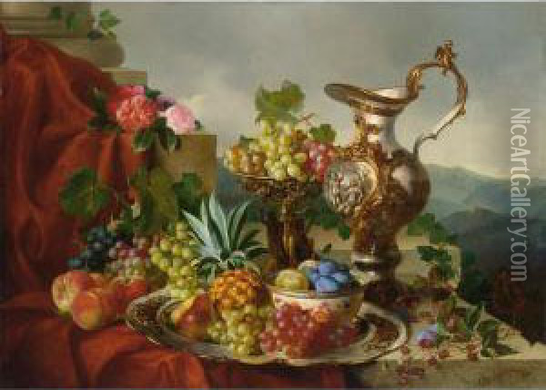 A Still Life With Fruit, Roses And A Pitcher Set On A Marble Ledge Oil Painting - Adalbert, Bela Schaffer