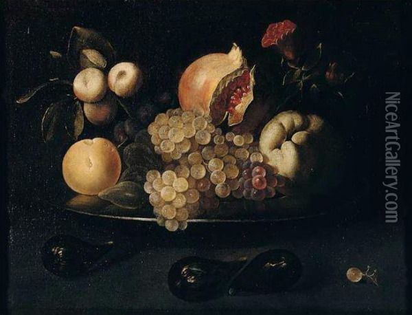 Still Life Of Grapes, Pomegranates, Apples, Peaches, Plums And Figs, On A Silver Dish, Together With Figs And A White Grape Arranged Upon A Table Top Oil Painting - Juan de Zurbaran