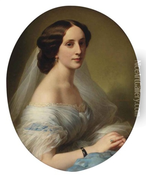 Portrait Of A Young Woman In A Blue Silk Dress Oil Painting - Hermann Winterhalter