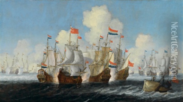 Eine Flottenparade Hollandischer Dreimaster Oil Painting - Justus Verwer