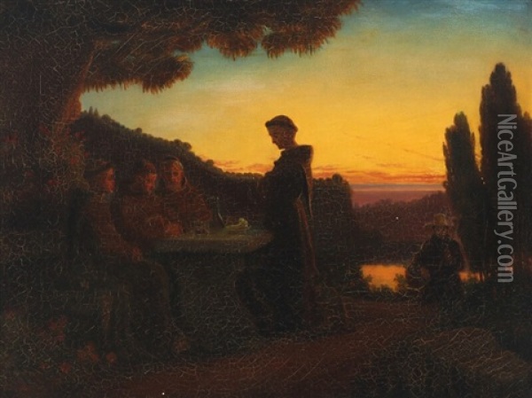 Monks Sitting Around The Dinner Table Oil Painting - Jorgen Valentin Sonne