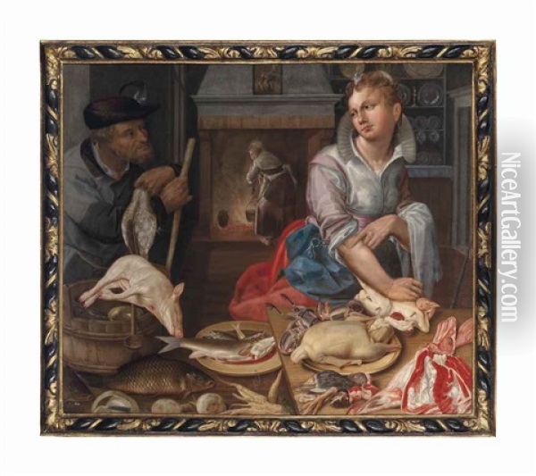 A Kitchen Interior With A Maid, Game, Meat And Fish With A Huntsman Oil Painting - Vincenzo Campi