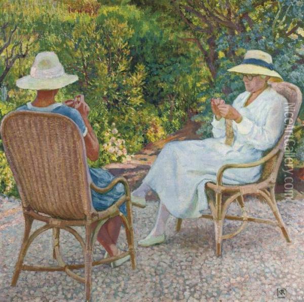 Maria Et Elisabeth Van Rysselberghe Tricotant Au Jardin Oil Painting - Theo van Rysselberghe