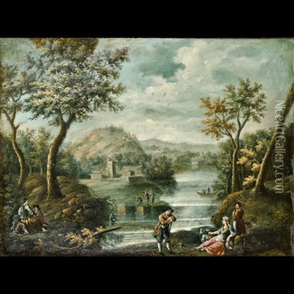 Paesaggio Fluviale Con Viandanti In Riposo Oil Painting - Paolo Anesi
