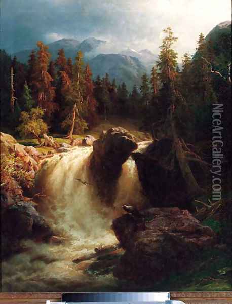 A waterfall in a mountainous wooded landscape Oil Painting - Wilhelm Brandenburg