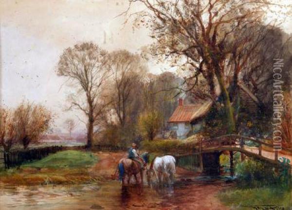 Figure With Horses Watering 
Cottage Beyond Oil Painting - Henry Charles Fox