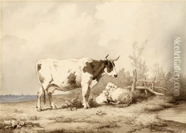 Polderlandschaft Mit Stier Oil Painting - Edmond Tschaggeny