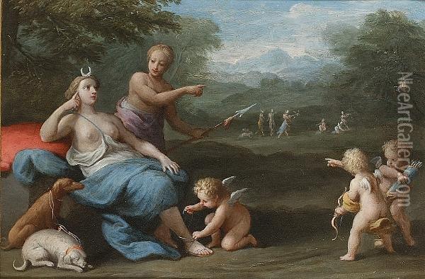 Diana With An Attendant And Putti In A Landscape With An Archery Match Beyond Oil Painting - Giacomo Antonio Boni