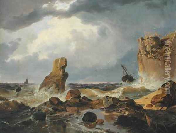 Surf on a Rocky Coast Oil Painting - Andreas Achenbach