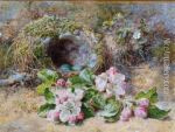 A Bird's Nest With Eggs And Primroses On An Earth Covered Bank Oil Painting - Helen Cordelia Coleman Angell