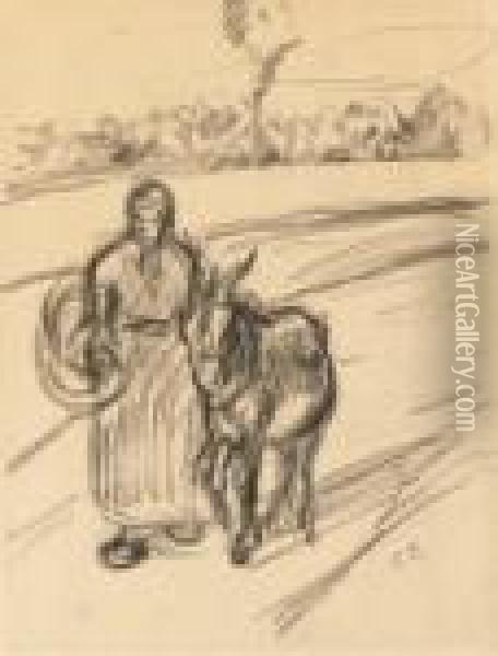Une Femme Avec Un Ane Oil Painting - Camille Pissarro