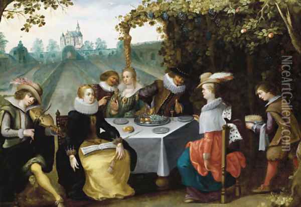 An elegant company dining in a garden Oil Painting - Louis de Caullery