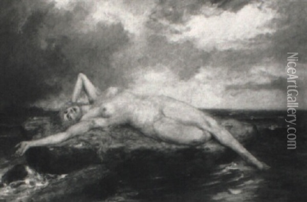 Weiblicher Akt Auf Einem Felsen Im Meer Liegend Oil Painting - Ferdinand Leeke