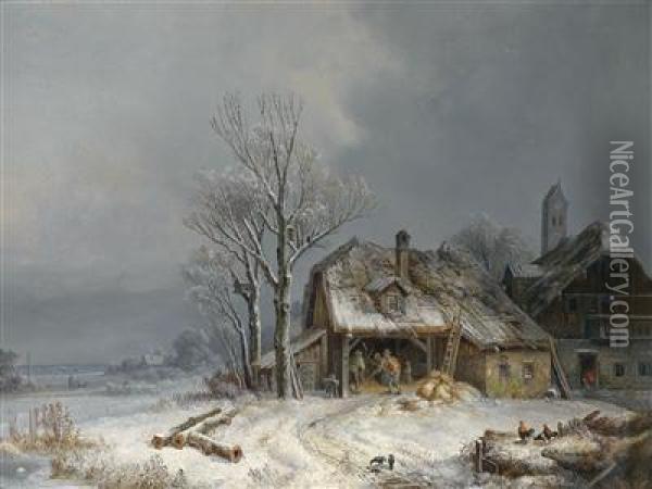Village In Winter. Grain Being Threshed In The Barn Oil Painting - Heinrich Burkel