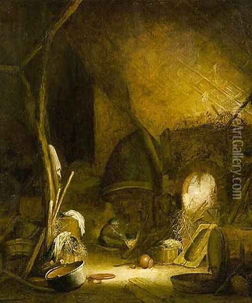 A peasant woman seated by a fire in a barn, pots and pans in the foreground Oil Painting - Isaac Jansz. Van Ostade