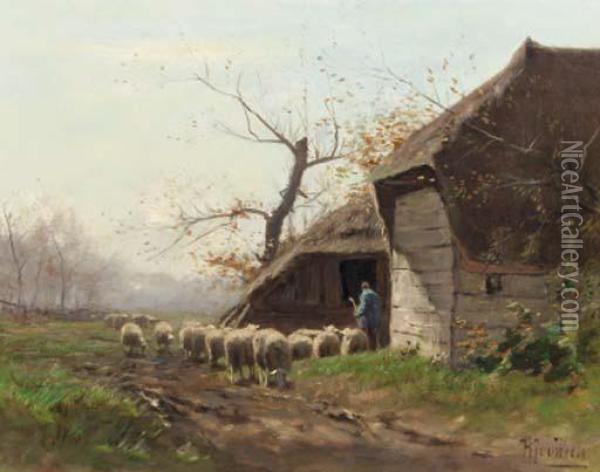 Sheep By A Barn Oil Painting - Hermann Johannes Van Der Weele