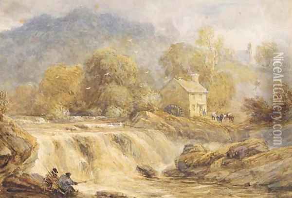 Anglers by a waterfall, Wales Oil Painting - David Cox