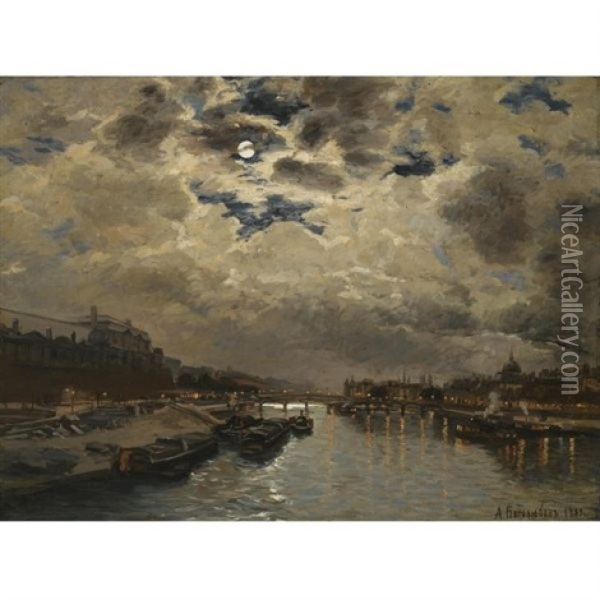 Moonlit View Of The Seine Oil Painting - Aleksei Petrovich Bogolyubov