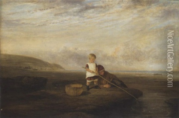 Children By A Rock Pool Oil Painting - Philip Hutchins Rogers