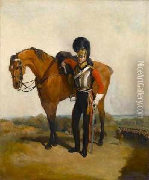 An Officer Of The 2nd Life 
Guards In Full Dress With His Horse, Windsor Castle In The Background Oil Painting - Richard Barrett Davis
