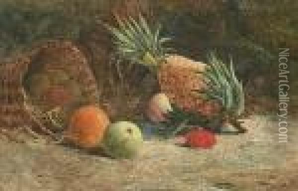 Still Life Of Pineapple, Plum, Apples, Orange And Basket On A Mossy Bank Oil Painting - Arthur Suker