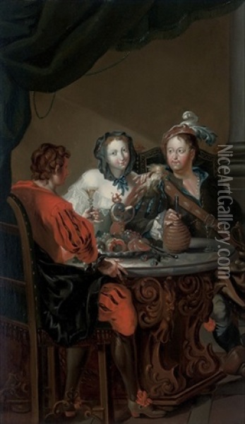 Elegant Company At A Table In An Interior Oil Painting - Johann Georg Platzer