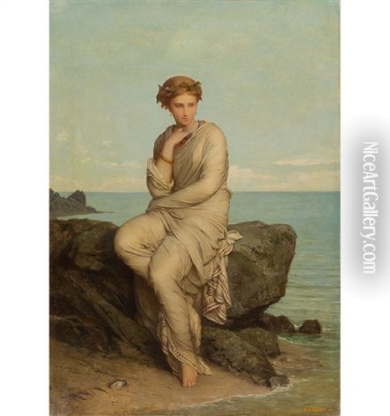 Am Meeresufer Sitzende Junge Frau Mit Blumen Im Haar, 1859 Oil Painting - Jean-Ernest Aubert