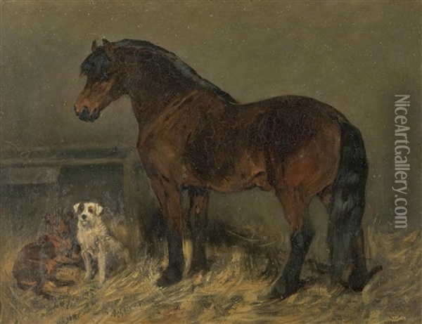 Horse In A Stable With Two Dogs Oil Painting - John Emms