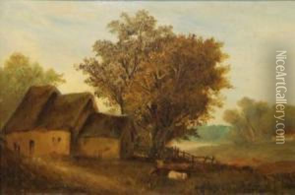 Cattle By A Farmstead Oil Painting - Obadiah Short