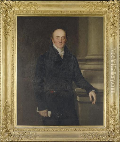 Portrait Of George Canning, Three-quarter-length, In A Black Coat,holding A Letter In His Right Hand, By A Column Oil Painting - John Graham Gilbert
