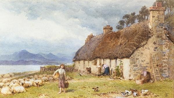 A Cottage At Balmacara, Skye In The Distance Oil Painting - Myles Birket Foster