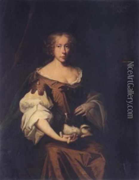 Portrait Of Ann Lee, Daughter Of John Warner Lee, Archdeacon Of Rochester Wearing A Brown Dress, A Dog On Her Lap Oil Painting - John Riley