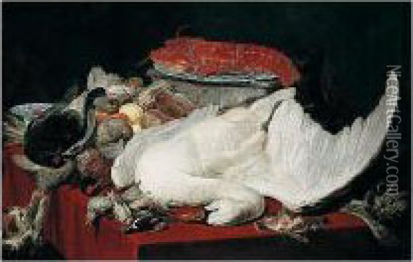 Still Life Of A Swan, A Lobster 
On A Blue And White Porcelain Plate, Strawberries In A Blue And White 
Porcelain Bowl, Fruit, Asparagus And An Artichoke, Dead Fowl, All On A 
Table Covered With A Red Cloth, A Cat On The Left Oil Painting - Paul de Vos